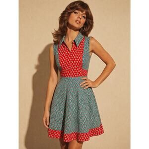 Vintage 70's Block Floral Print Boho Pinafore Midi Dress Casual Retro S Prairie